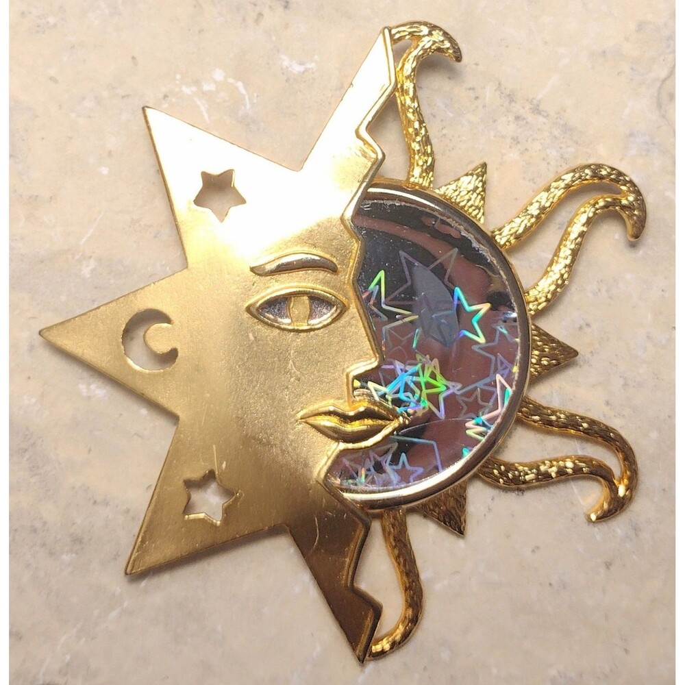 Vintage Celestial Mystical JJ Jonette Jewelry Holographic Sun Face  Brooch Pin
